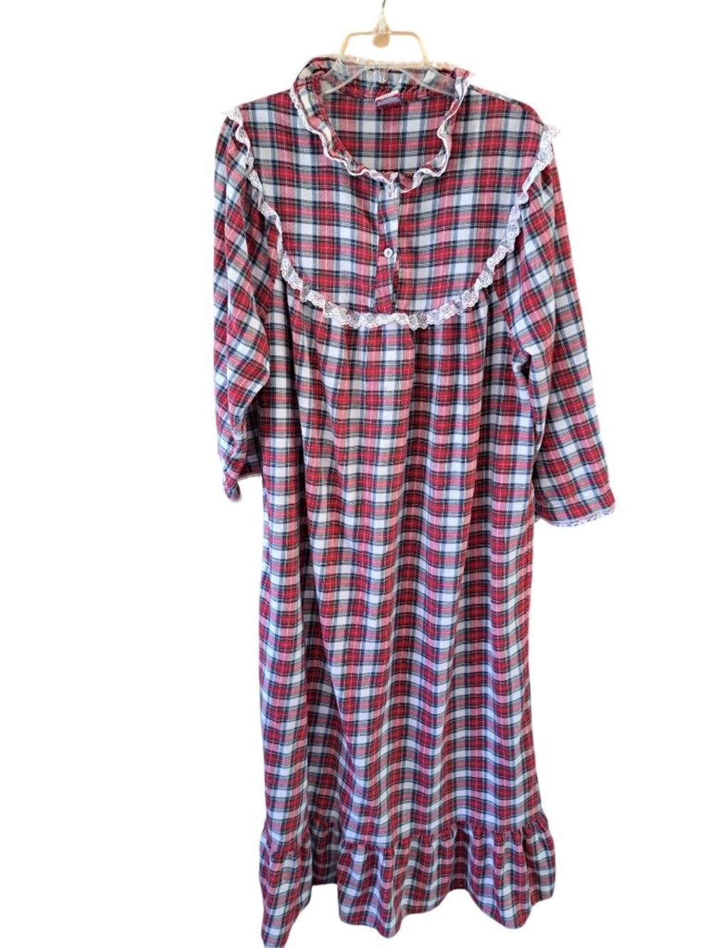 Vintage Granada Plaid Nightgown Lace Trim Ruffled Hem Long Sleeve Womens 2XL